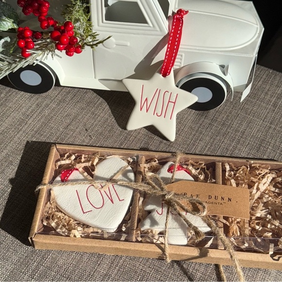 NEW 3 Pc SET Rae Dunn Adorable Ceramic Ornaments - LOVE, JOY, WISH w/red ribbon - Picture 5 of 10